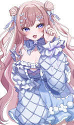 1girl absurdres blue_dress blush bow breasts commentary commission detached_collar detached_sleeves double_bun dress english_commentary frilled_dress frills hair_bun hair_ornament hairclip highres large_breasts long_hair long_sleeves looking_at_viewer nail_polish open_mouth original pink_hair purple_bow purple_eyes purple_nails shinzousan skeb_commission smile solo very_long_hair