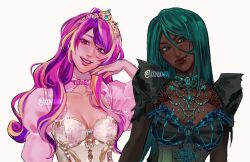2girls aegyo_sal arm_at_side arms_at_sides bead_necklace beads blonde_hair bow bowtie breasts bright_pupils cleavage cleavage_cutout closed_mouth clothing_cutout commentary dark-skinned_female dark_skin english_commentary eyeshadow fangs gem gold_tiara gold_trim green_eyes green_eyeshadow green_gemstone green_hair grey_corset grin hair_between_eyes hand_on_own_cheek hand_on_own_face hand_up head_tilt heart heart-shaped_pupils highres jewelry kouxhii lips long_hair long_sleeves looking_at_viewer makeup multicolored_hair multiple_girls my_little_pony my_little_pony:_friendship_is_magic nail_polish necklace pink_bow pink_bowtie pink_eyes pink_hair pink_lips pink_nails princess_cadance puffy_short_sleeves puffy_sleeves purple_hair queen_chrysalis short_sleeves simple_background small_breasts smile straight_hair streaked_hair symbol-shaped_pupils tiara twitter_username upper_body v-shaped_eyebrows very_dark_skin wavy_hair white_background