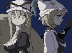 2girls back-to-back blonde_hair blue_background blue_tabard breasts dress expressionless fox_girl fox_tail frills from_side gap_(touhou) hair_between_eyes hair_over_shoulder hat highres large_breasts long_hair long_sleeves looking_to_the_side medium_breasts medium_hair mob_cap multiple_girls multiple_tails open_mouth purple_dress ribbon short_sleeves smile tabard tail touhou upper_body uzou_(uzooooooooo) white_dress yakumo_ran yakumo_yukari yellow_eyes