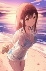 1girl absurdres beach bikini blue_bikini blush breasts brown_hair commentary_request cowboy_shot evening highres holding holding_sandals long_hair medium_breasts ocean original outdoors parted_lips sandals senri_(senri_sen) shirt short_sleeves side-tie_bikini_bottom solo starfish sunset swimsuit wet wet_clothes wet_shirt white_sandals yellow_eyes