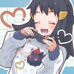 Rule 34 | 1girl, :d, akari (pokemon), alternate costume, black hair, blush, character print, closed eyes, commentary request, contemporary, eyelashes, gen 5 pokemon, hair ornament, hairclip, happy, heart, hisuian zorua, long hair, nintendo, open mouth, pokemon, pokemon legends: arceus, print sweater, sasami 642, sidelocks, smile, solo, sweater, tongue, upper body, zorua