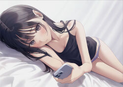 Rule 34 | 1girl, bare arms, bare shoulders, bed sheet, black camisole, black hair, blush, bow, bow panties, breasts, brown eyes, camisole, cellphone, closed mouth, commentary, dutch angle, highres, holding, holding phone, long hair, looking at viewer, lying, on side, original, panties, phone, purple panties, small breasts, solo, thigh gap, underwear, underwear only, yukiyama momo