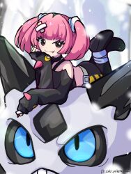 1girl bandaid bandaid_hair_ornament black_sclera black_shirt black_shoes blue_eyes blunt_bangs brown_eyes colored_sclera coral_(pokemon) eyelashes eyeliner fang full_body gen_3_pokemon glalie hair_ornament highres looking_at_viewer lying makeup nintendo off-shoulder_shirt off_shoulder on_stomach pink_eyeliner pink_hair pokemon pokemon_(anime) pokemon_(creature) pokemon_horizons saki_pokeoekaki shirt shoes simple_background sleeves_past_fingers sleeves_past_wrists smile snowing twintails