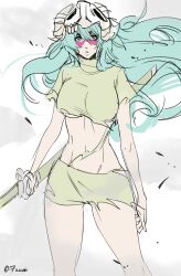 1girl bleach breasts espada green_hair holding holding_sword holding_weapon large_breasts long_hair midriff nelliel_tu_odelschwanck revealing_clothes sekihan solo sword torn_clothes underboob weapon