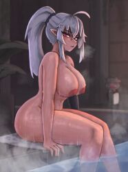 ahoge ass blue_eyes breasts fang frostwallart geega_(vtuber) grey_hair hair_ornament heterochromia large_areolae large_breasts legs looking_at_viewer nipples nude onsen pig pointy_ears ponytail red_eyes thick_thighs thighs virtual_youtuber vshojo water wet