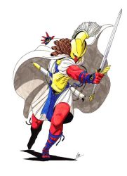 ares ares_(shin_megami_tensei) atlus cape curly_hair demon helmet kazuma_kaneko persona sandals shin_megami_tensei sword weapon