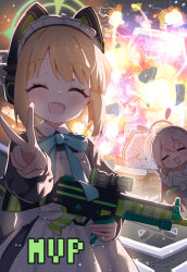2girls :d =_hair_ornament ^_^ ahoge animal_ear_headphones animal_ears apron backlighting black_dress blue_archive blunt_bangs blush cat_ear_headphones chesed_(blue_archive) closed_eyes collared_shirt commentary_request cosplay cowboy_shot dress explosion facing_viewer fake_animal_ears green_halo gun h&amp;k_g3/sg1 hair_between_eyes halo hanako_(blue_archive) hanako_(blue_archive)_(cosplay) hanako_(swimsuit)_(blue_archive) happy headphones highres holding holding_gun holding_weapon long_hair long_sleeves maid maid_headdress medium_hair midori_(blue_archive) midori_(maid)_(blue_archive) mikumiku37 multiple_girls mvp official_alternate_costume open_mouth peeking_out pink_hair pink_halo rifle robot shirt sidelocks smile sniper_rifle solo_focus v weapon white_apron white_shirt