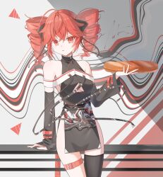 Rule 34 | 1girl, absurdres, ahoge, alternate costume, baguette, bare shoulders, belt, black background, black dress, bread, china dress, chinese clothes, chinese commentary, clothing cutout, commentary request, cowboy shot, dress, drill hair, food, hair between eyes, hand rest, highres, holding, holding food, kasane teto, looking at viewer, qiu ri, red background, red belt, red eyes, red hair, short dress, single thighhigh, solo, thigh belt, thigh strap, thighhighs, twin drills, underboob cutout, utau, white background