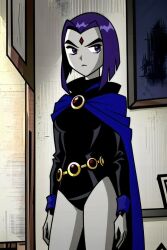 Rule 34 | 1girl, artist request, black bodysuit, blue cape, bodysuit, cape, cartoon network, cowboy shot, dc comics, female focus, gloves, purple eyes, purple hair, raven (dc), serious, short hair, solo, standing, teen titans