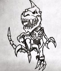 deltamon digimon dinosaur highres horn original sharp_teeth skull teeth traditional_media