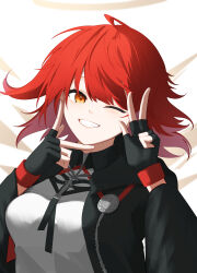 1girl ;d absurdres arknights arms_up black_gloves black_jacket commentary exusiai_(arknights) exusiai_the_new_covenant_(arknights) fingerless_gloves gloves grin hachimin8_(shrine_kyo) highres jacket long_sleeves looking_at_viewer one_eye_closed open_mouth red_hair short_hair simple_background smile solo w white_background