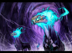 animal_skull blue_fire copyright_name dust dust_cloud english_text fire fire monster no_humans pixiv_fantasia pixiv_fantasia_4 ryota-h skull