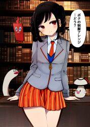 1boy absurdres black_hair blush bookshelf cowboy_shot crossdressing crossdressing_(mtf) drill_hair highres leaning_on_table male_focus medium_hair miniskirt nintendo phone pleated_skirt pokemon pokemon_(creature) pokemon_sv red_eyes red_skirt skirt smile solo speech_bubble trap twin_drills vae