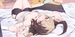 Rule 34 | 1girl, absurdres, bed sheet, bike shorts, black shorts, blonde hair, brown hair, camisole, gigi murin, grem (gigi murin), highres, hip vent, hololive, hololive english, indoors, jknor, knee up, looking at viewer, lying, multicolored hair, navel, on back, open mouth, otomo (cecilia immergreen), pink eyes, short hair, short shorts, short twintails, shorts, tail, twintails, two-tone hair, upside-down, virtual youtuber, white camisole