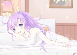 bare_shoulders blue_eyes breasts couch hair_ribbon highres indoors iris_mysteria! k_(nura-rikuo) looking_at_another lying medium_breasts open_mouth patricia_shandy ponytail purple_hair ribbon underwear undressing window yellow_ribbon