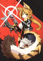 1girl absurdres animal_ear_fluff animal_ears animal_nose ass blonde_hair blush body_fur breasts cat_ears cat_girl crop_top fingerless_gloves furry furry_female gloves green_eyes highres hukhuk2 large_breasts large_tail long_hair looking_at_viewer low_ponytail ponytail pulchra_fellini shorts smile snout solo tail white_fur yellow_fur zenless_zone_zero