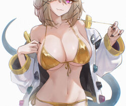 1girl absurdres arknights bare_shoulders bikini black_nails breasts c113oreo cleavage commentary dated_commentary fang fang_out film_grain fingernails front-tie_bikini_top front-tie_top gold_bikini golden_week grey_hair groin highres jacket large_breasts looking_at_viewer nail_polish navel off_shoulder purple_eyes side-tie_bikini_bottom simple_background skin_fang smile solo stomach swimsuit tail upper_body utage_(arknights) white_background white_jacket yellow_bikini
