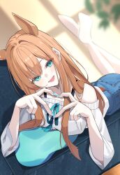 Rule 34 | 1girl, absurdres, animal ears, aqua eyes, aqua nails, bare shoulders, barefoot, blue shorts, blurry, chroemaguro, crossed ankles, denim, denim shorts, depth of field, feet up, finger heart, highres, horse ears, horse girl, long hair, lying, nail polish, off-shoulder shirt, off shoulder, on stomach, open mouth, orange hair, shirt, shorts, silence suzuka (umamusume), solo, umamusume