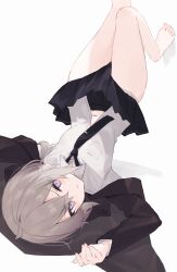 1girl absurdres barefoot black_necktie black_skirt brown_hair brown_jacket collared_shirt commentary_request diieru dress_shirt feet girls&#039;_frontline highres jacket looking_at_viewer lying m200_(girls&#039;_frontline) navel necktie on_back open_clothes open_jacket panties purple_eyes shirt simple_background skirt solo toes underwear white_background white_panties white_shirt