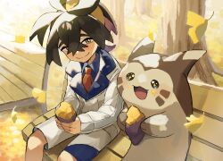 1boy autumn autumn_leaves bench black_hair blue_shirt collared_shirt food food_on_face furret gen_2_pokemon hair_between_eyes hairband highres holding holding_food jacket kieran_(pokemon) leaf long_sleeves male_focus matsuda_(0yx38755230263c) mole mole_on_neck multicolored_hair nintendo open_mouth outdoors pokemon pokemon_(creature) pokemon_sv purple_hair shirt shorts sitting smile sparkle sparkling_eyes sweet_potato yellow_hairband