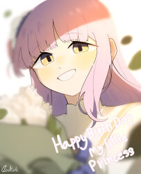 Rule 34 | 1girl, absurdres, artist name, blue archive, blurry, blurry foreground, bouquet, daku k, depth of field, flower, grin, hair bun, happy birthday, highres, long hair, looking at viewer, mika (blue archive), pink hair, portrait, shade, signature, single side bun, smile, solo, white background, white flower, yellow eyes