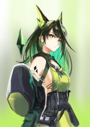 1girl arknights bare_shoulders black_hair black_jacket bright_pupils closed_mouth crystal dress expressionless green_dress green_eyes green_hair highres ice121 jacket looking_at_viewer material_growth medium_hair mon3tr_(arknights) off_shoulder oripathy_lesion_(arknights) personification sleeves_past_fingers sleeves_past_wrists solo white_pupils