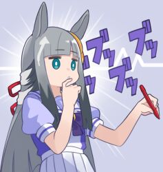1girl animal_ears blank_eyes blunt_bangs breasts chrono_genesis_(umamusume) collarbone commentary_request hair_ornament highres hime_cut holding horse_ears horse_tail looking_at_viewer pen school_uniform simple_background small_breasts solo tail thinking tracen_school_uniform umamusume yokoji_(kodai2015)