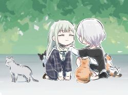 2girls bang_dream! bang_dream!_it&#039;s_mygo!!!!! black_choker blue_dress cat chin_rub choker commentary dress frilled_choker frills green_hair kaname_raana kneeling long_hair lyy mortis_(bang_dream!) mortis_(persona)_(bang_dream!) multiple_girls plaid_clothes plaid_dress raana_the_cat short_hair wakaba_mutsumi white_hair