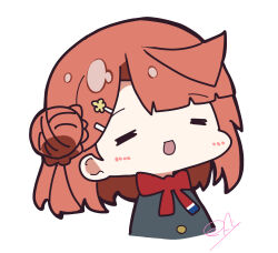 1girl :d =_= absurdres black_jacket blush bun_with_braided_base chibi chibi_only closed_eyes commentary facing_viewer flower_hairpin hair_bun hair_ornament hairpin highres jacket love_live! love_live!_nijigasaki_high_school_idol_club medium_hair multiple_hairpins neck_ribbon nijigasaki_school_uniform oofushi_ao open_mouth orange_hair red_ribbon ribbon school_uniform signature simple_background single_side_bun smile solo uehara_ayumu white_background winter_uniform