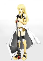 1girl armor armored_boots axe belt_pouch bikini bikini_top_only black_bikini black_gloves black_thighhighs blonde_hair boots breasts brown_eyes cleavage closed_mouth commentary_request elbow_gloves fingerless_gloves full_body gloves high_heel_boots high_heels holding holding_axe jumpsuit jumpsuit_around_waist long_hair looking_afar looking_down maimu-noize mechanic_(ragnarok_online) medium_breasts navel o-ring o-ring_top pouch ragnarok_online simple_background smile solo swimsuit thighhighs vambraces white_background white_jumpsuit yellow_armor