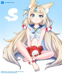 Rule 34 | 1girl, animal ear fluff, animal ears, aqua nails, artist name, blonde hair, blue eyes, blue hair, butterfly sitting, cat ears, commentary, crab, fish girl, half-closed eye, highres, indie virtual youtuber, lifebuoy hair ornament, looking at viewer, multicolored hair, nail polish, navel, nmz (namazu), sameko saba, sitting, streaked hair, toenail polish, toenails, virtual youtuber, wavy mouth