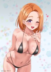 1girl ;d absurdres artist_name breasts cleavage collarbone commentary_request cowboy_shot earrings forehead hand_on_own_chest heart highres jewelry kenja_panda large_breasts looking_at_viewer medium_hair navel one_eye_closed open_mouth orange_hair purple_eyes shiunji-ke_no_kodomotachi shiunji_banri smile solo standing stomach swimsuit thighs tongue twitter_username watermark