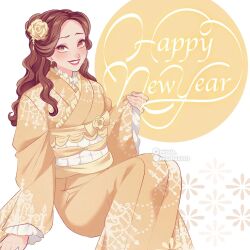 1girl animification beauty_and_the_beast_(disney) belle_(disney) brown_eyes brown_hair dress earrings flower highres japanese_clothes jewelry kimono long_hair looking_at_viewer mizala new_year ponytail rose smile solo yellow_dress yellow_flower yellow_rose