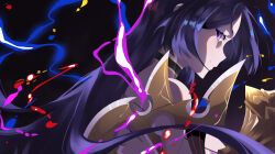 1girl absurdres bikini choker fate/grand_order fate_(series) highres lightning long_hair mature_female minamoto_no_raikou_(fate) minamoto_no_raikou_(fate/grand_order) minamoto_no_raikou_(swimsuit_lancer)_(fate) purple_eyes purple_hair simple_background slob_slime solo swimsuit weapon