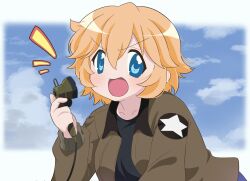 Rule 34 | 1girl, :d, black shirt, blonde hair, blue eyes, breasts, brown jacket, chihaya kirin, cloud, cloudy sky, cosplay, denim, denim shorts, girls und panzer, highres, jacket, kay (girls und panzer), lucky star, open mouth, outside border, patricia martin, saunders military uniform, shirt, short hair, shorts, shout lines, sky, smile, star (symbol), star print