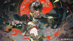 Rule 34 | 1boy, absurdres, bead necklace, beads, between fingers, black background, black coat, black gloves, black hair, branch, circle, coat, coat lift, fire, flower, gloves, guilongchao, hands up, highres, holding, holding jewelry, holding necklace, holding ofuda, jewelry, looking at viewer, luningzi, male focus, mouth hold, multicolored hair, necklace, outstretched arm, pink flower, pyrokinesis, red eyes, shirt, short hair, single glove, solo, straight-on, streaked hair, upper body, watermark, weibo watermark, white hair, white shirt, wind, wind lift, zhu (guilongchao)