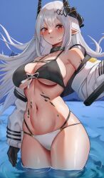 1girl absurdres arknights bare_shoulders bikini black_choker black_gloves blush breasts choker detached_sleeves earrings gloves hair_ornament highres horns jacket jewelry klopsiak large_breasts long_hair looking_at_viewer mudrock_(arknights) navel open_mouth outdoors pointy_ears red_eyes ribbon shiny_skin signature solo swimsuit thighs water white_hair white_jacket white_ribbon