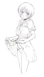 1boy androgynous blush bulge clothes_lift crossdressing crossdressing_(mtf) erection greyscale male_focus monochrome nyaou panties penis penis_in_panties pleated_skirt school_uniform serafuku short_hair simple_background sketch skirt skirt_lift solo trap underwear white_background