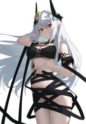 1girl absurdres arknights arm_behind_head bikini black_bikini black_horns bow breasts cleavage commentary floating_hair flower hachimin8_(shrine_kyo) hair_between_eyes hair_flower hair_ornament highres horn_flower horns light_blush long_hair material_growth medium_breasts mudrock_(arknights) mudrock_(silent_night)_(arknights) navel official_alternate_costume oripathy_lesion_(arknights) parted_lips pink_flower pointy_ears red_eyes simple_background solo stomach swimsuit thighs white_background white_hair yellow_flower
