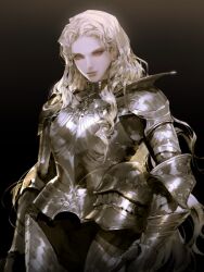 1girl absurdres armor blonde_hair brown_background expressionless highres knight lips nose original realistic red_eyes solo vlfdus_0