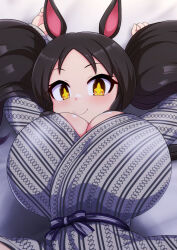 +_+ 1girl animal_ears bath_yukata black_hair breasts cleavage horse_ears horse_tail huge_breasts isemagu japanese_clothes kimono lying marvelous_sunday_(umamusume) on_back smile solo striped_clothes tail twintails umamusume yellow_eyes yukata