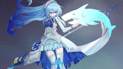 1girl armor blue_eyes blue_hair chaojichu_dewutou dress duel_monster fish gradient_hair haifuyoete_(roco_kingdom) hairband highres holding holding_polearm holding_weapon lance long_hair multicolored_hair pointy_ears polearm roco_kingdom skirt solo tail thighhighs weapon