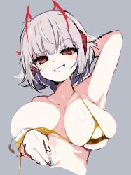 1girl antenna_hair arknights arm_behind_head bare_shoulders bikini breasts cropped_torso demon_girl demon_horns gold_bikini grey_background grey_hair highres horns large_breasts multicolored_hair red_eyes red_hair simple_background smile solo sukima_(crie) swimsuit untied_bikini w_(arknights)