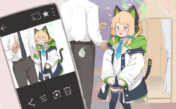 1boy 1girl animal_ear_headphones animal_ears black_shorts black_thighhighs blonde_hair blue_archive blue_necktie blush bow cat_ear_headphones cellphone cellphone_photo closed_mouth collared_shirt fake_animal_ears fake_tail green_eyes green_halo green_panties hair_bow halo hand_up headphones jacket long_sleeves midori_(blue_archive) necktie niss_oekaki open_mouth panties phone shirt shorts smartphone standing tail thighhighs underwear unworn_panties v white_jacket white_shirt