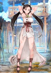 1girl arm_tattoo armlet armpits arms_behind_head bare_shoulders bead_necklace beads breasts brown_hair brown_sandals brown_sash closed_mouth dress fate/grand_order fate_(series) full_body game_cg grey_eyes hair_tie high-low_dress himiko_(fate) himiko_(first_ascension)_(fate) jewelry large_breasts leg_tattoo long_hair looking_at_viewer magatama magatama_necklace necklace official_art platform_sandals ponytail sandals shide short_ponytail sideboob sideless_dress smile solo standing strapless strapless_dress tattoo third-party_source toes toi8 underbust variant_set very_long_hair white_dress