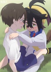 Rule 34 | 2boys, ahoge, black hair, black socks, blue shirt, blush, brown eyes, brown footwear, brown hair, collared shirt, commentary request, crossed bangs, day, dondoko mozutaro, eye contact, florian (pokemon), grass, hair between eyes, hairband, hands on another&#039;s shoulders, jacket, kieran (pokemon), looking at another, male focus, mole, mole on neck, multiple boys, necktie, nintendo, open mouth, outdoors, pokemon, pokemon sv, purple shorts, red necktie, school uniform, shirt, shoes, short hair, short sleeves, shorts, socks, sweatdrop, white jacket, white shirt, white shorts, yaoi, yellow eyes, yellow hairband