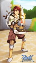 1boy brown_gloves brown_shirt brown_shorts capelet closed_mouth cobblestone copyright_name cutlass fighting_stance flaming_sword flaming_weapon full_body fumiddition gloves hair_between_eyes highres holding holding_sword holding_weapon logo long_bangs long_sleeves looking_at_viewer male_focus outdoors ragnarok_online shield shield_on_back shirt short_hair shorts solo sword swordsman_(ragnarok_online) watermark weapon web_address white_capelet