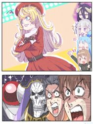 4boys 5girls ainz_ooal_gown albedo_(overlord) aqua_(konosuba) black_hair black_robe blonde_hair blue_hair blush brown_hair crossed_arms crossover demon_girl dress emilia_(re:zero) highres isekai_quartet kono_subarashii_sekai_ni_shukufuku_wo! long_hair military_uniform multiple_boys multiple_girls natsuki_subaru overlord_(maruyama) re:zero_kara_hajimeru_isekai_seikatsu red_dress robe satou_kazuma surprised sweatdrop tanya_degurechaff umipuzzle viktoriya_ivanovna_serebryakov white_hair youjo_senki