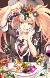 10s 6+boys 6+girls asahina_aoi between_breasts blonde_hair blood blue_eyes breasts brown_hair cleavage closed_eyes cup danganronpa:_trigger_happy_havoc danganronpa_(series) danganronpa_2:_goodbye_despair donut drinking_glass eating enoshima_junko food fork formal_clothes fukawa_toko ge-b glasses gloves hagakure_yasuhiro highres hood hoodie ikusaba_mukuro in_food kamukura_izuru kirigiri_kyoko kuzuryu_fuyuhiko large_breasts light_purple_hair loose_necktie mini_person miniboy minigirl multiple_boys multiple_girls naegi_makoto necktie owari_akane person_between_breasts pinstripe_pattern pinstripe_suit purple_eyes sonia_nevermind soda_kazuichi spoilers striped suit togami_byakuya twintails wine_glass