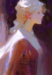 abstract art_study blonde_hair breasts capelet chiaroscuro day dress faux_traditional_media from_side highres long_hair medium_breasts nape original painterly red_dress red_lips sunlight two-tone_dress upper_body wavy_hair white_dress yuming_li